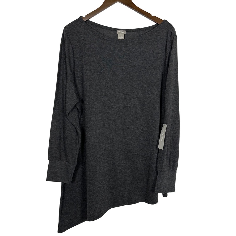 NWT Chico's Asymmetrical Bateau Tunic 3/4‎ Sleeve Grey 2X Classic Minimalist